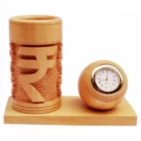 Wooden Rupee Pen Stand with Watch
