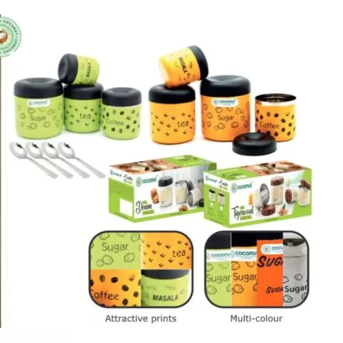 Coconut Indian Canister Set Tea-Coffee-Sugar-Masala