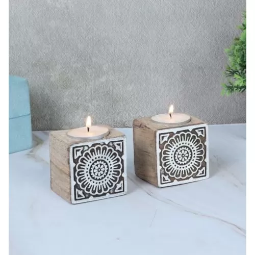 Wooden Square Diya Tealight Candle Holder 